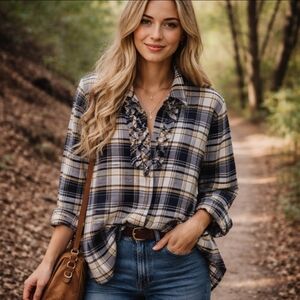 Cabi Seattle Plaid Navy/Yellow/Cream Ruffle Bodice Soft Tunic Blouse Sz XL